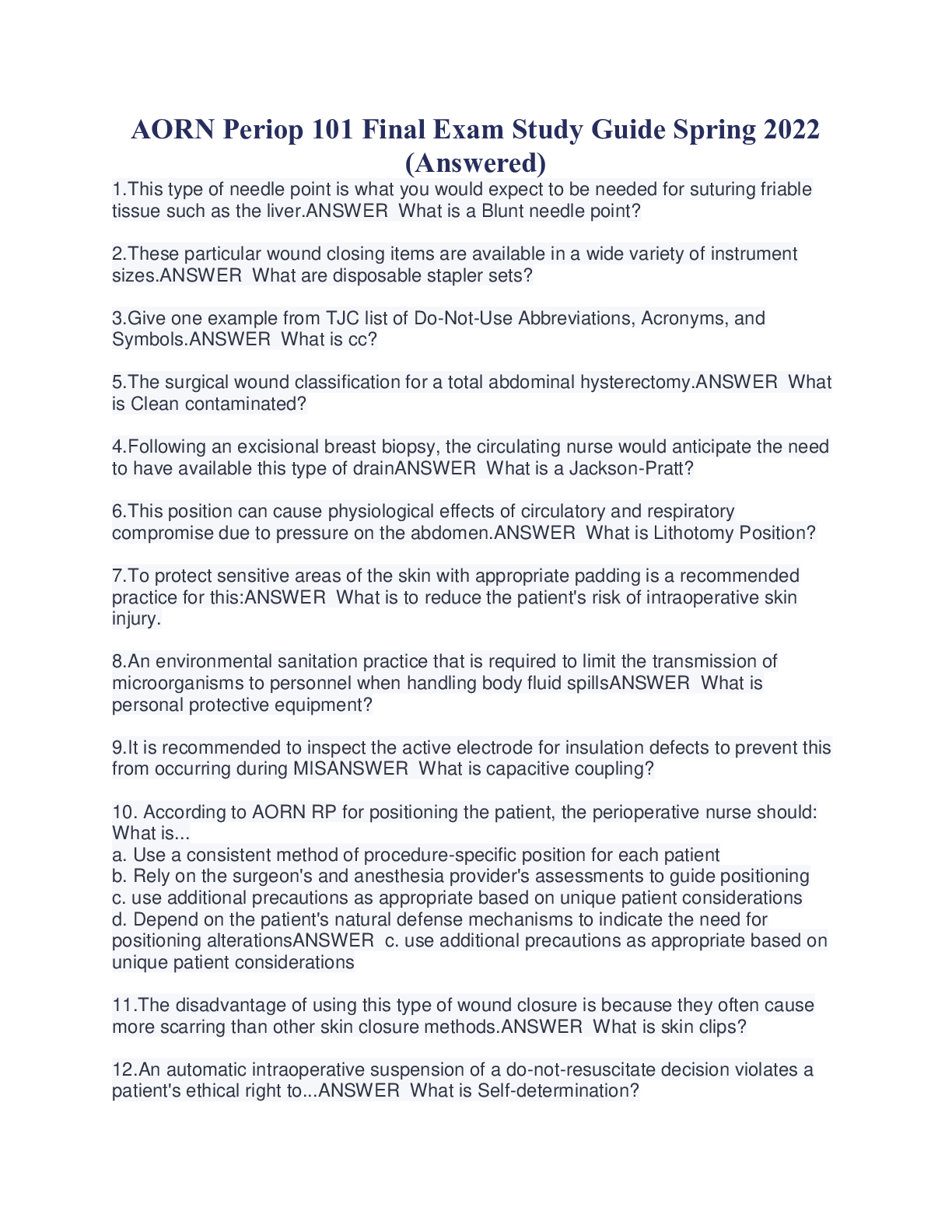 Preview image for AORN Periop 101 Final Exam Study Guide Spring 2022 (Answered)